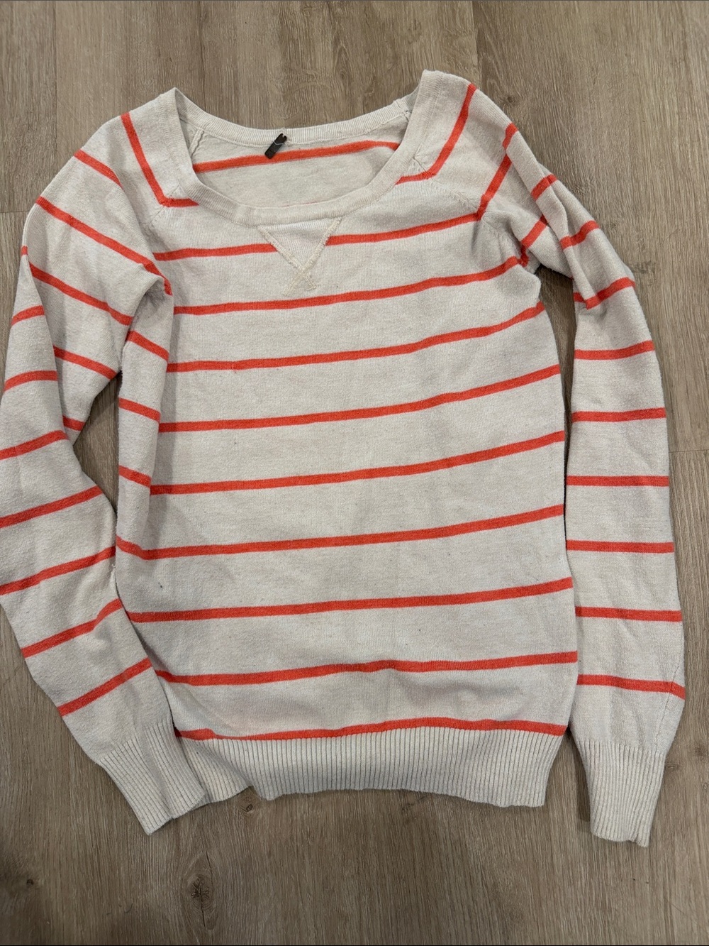 Crewneck Striped Sweater in Cream with Coral Stripes